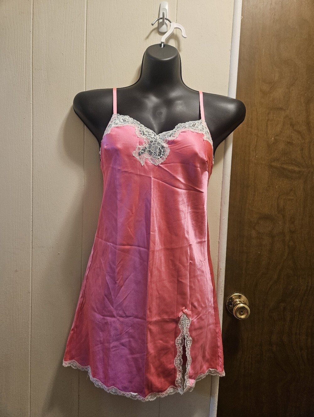 NWOT Victoria's Secret Pink Satin Chemise with White Lace Accents